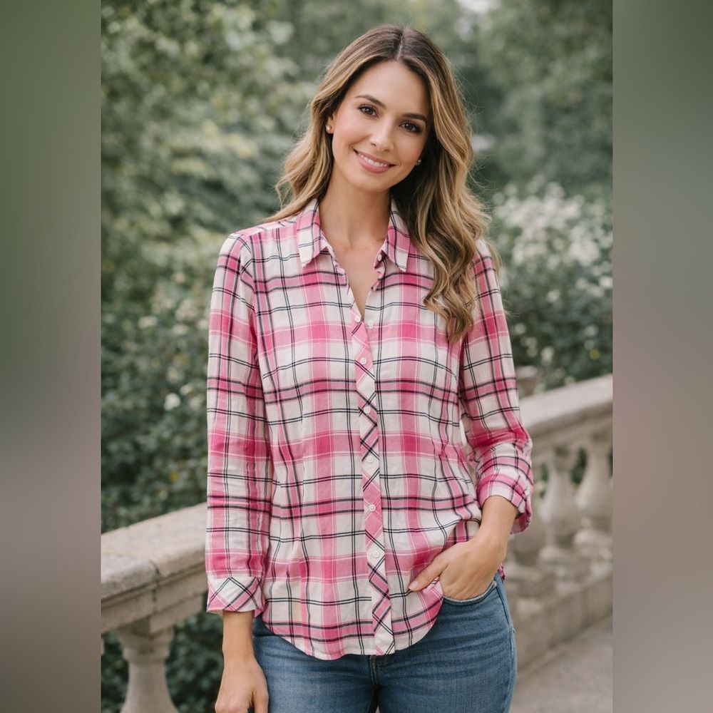 Talbots Plaid Cotton Shirt Button Up Collar Lightweight Classic Preppy Pink Med